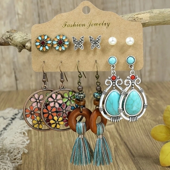 Boho turquoise bronze tassel pearl butterfly earring bundle set - Picture 1 of 4